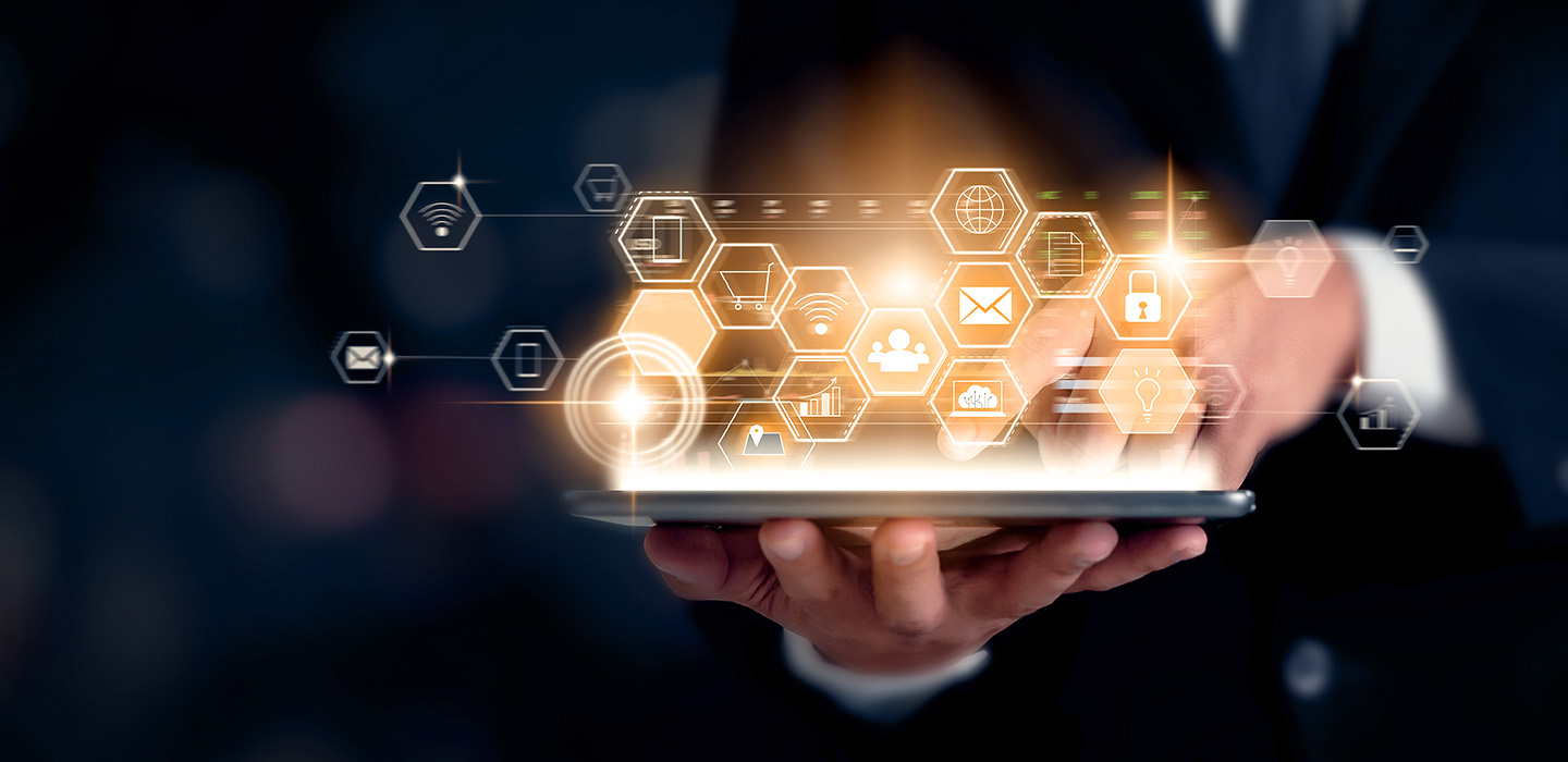 Technology innovation concept, businessman holding tablet and press digital icon with mixed media.